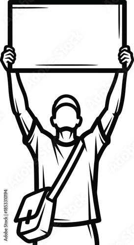 Graphic line art of a faceless person in a cap and tshirt holding a blank protest sign overhead.