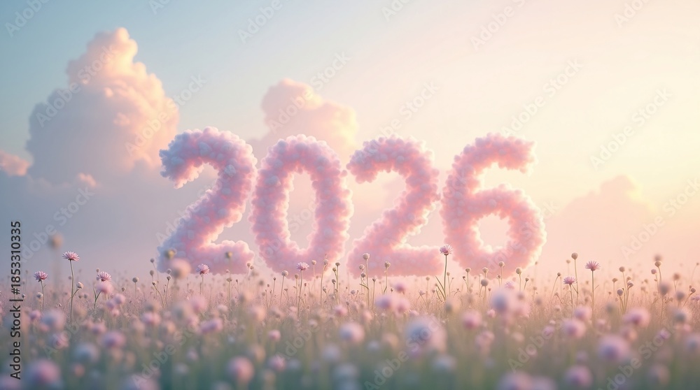 Naklejka premium 2026 Pink Cloud Numbers Over Flower Field. Pink cloud “2026” above flower field in pastel sky. Ideal for New Year, dreamy nature, and celebration themes.