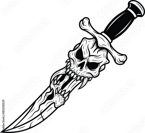 Menacing Skull Dagger with Bone Crossguard and Sharp Teeth Illustration.