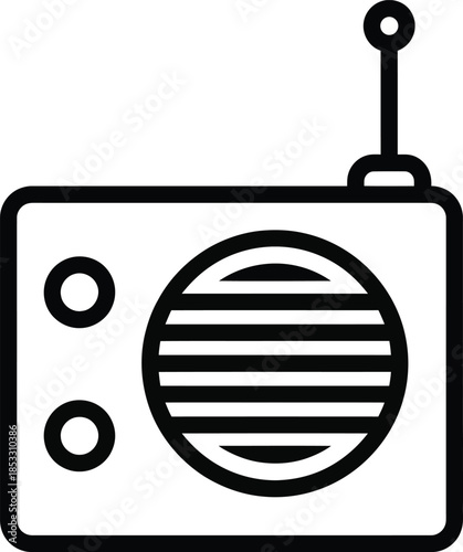 Minimalist black line art icon of a vintage portable radio with a circular speaker grill and antenna.