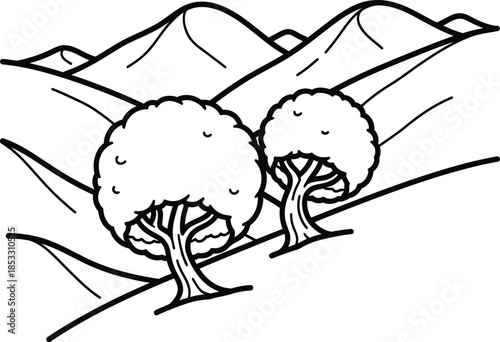 Simple black and white line art of two round trees on rolling hills with a mountain range background.
