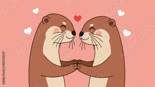 Two brown otters embracing forming a heart shape on a pink background with white hearts