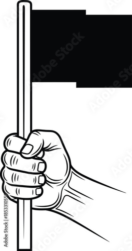 Stylized black and white illustration of a clenched hand firmly gripping a solid black flag.