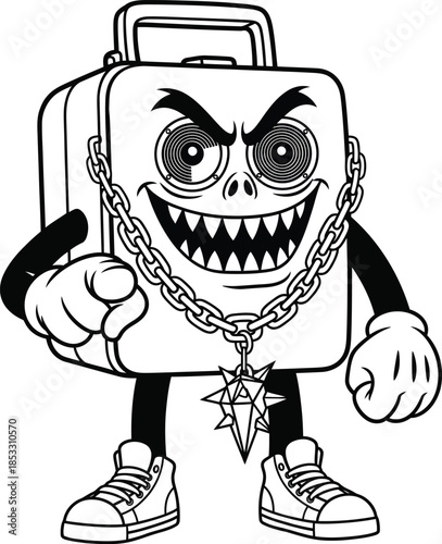 Tough cartoon lunchbox monster with a spiky chain sharp teeth and an aggressive pointing pose.