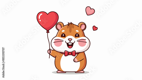 Cheerful cartoon hamster with red bowtie holding heart-shaped balloon on beige background