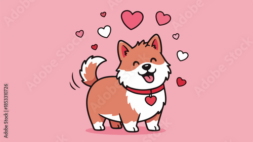Cheerful cartoon Shiba Inu with red collar and heart tag on pink background