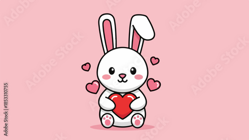 Cartoon rabbit with red heart and pink accents on light pink background