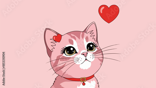 Stylized pink cat with white markings, yellow eyes, and red hearts on ears, set against a pink background