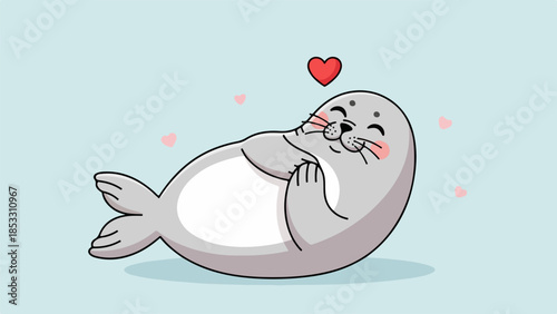 Playful cartoon seal with a red heart and pink hearts on a light blue background