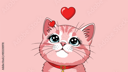 Stylized illustration of a charming pink cat with blue eyes and red hearts on its ears