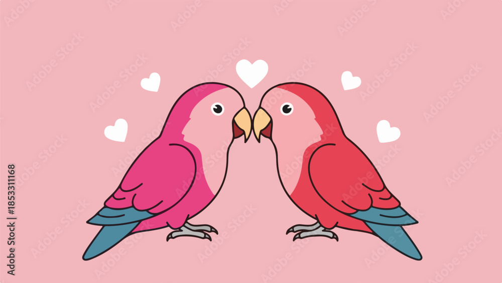 Obraz premium Two parrots with blue wings and tails touching beaks on pink background
