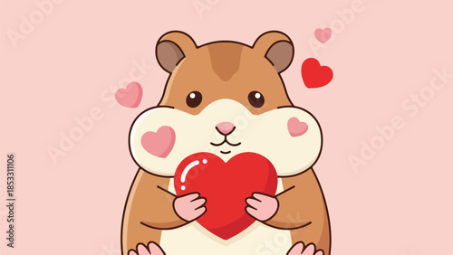 Charming brown hamster with white belly and pink hearts holding a red heart
