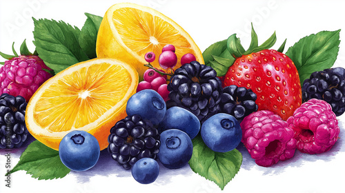 Hand-drawn icon of fresh fruits, citrus and berries illustration, healthy food graphic, organic produce sketch, nutritional elements, vector artwork, with copy space