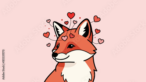 Cartoon fox with red hearts on light pink background