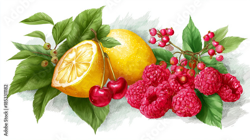 Hand-drawn icon of fresh fruits, citrus and berries illustration, healthy food graphic, organic produce sketch, nutritional elements, vector artwork, with copy space