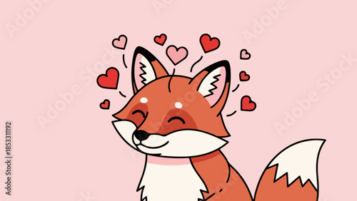 Playful cartoon fox with red hearts on pink background