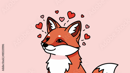Playful cartoon fox with floating red hearts on light pink background