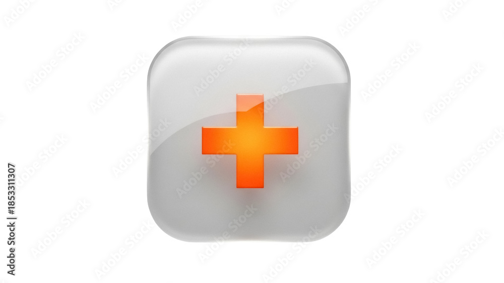 Fototapeta premium Orange plus sign in glossy square button isolated PNG, medical cross symbol for healthcare and emergency services on transparent background