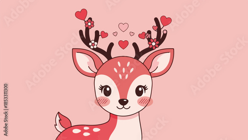 Whimsical cartoon deer with heart-adorned antlers on a pink background
