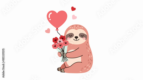 Charming illustrated sloth holding red flowers and a heart-shaped balloon on a pink background