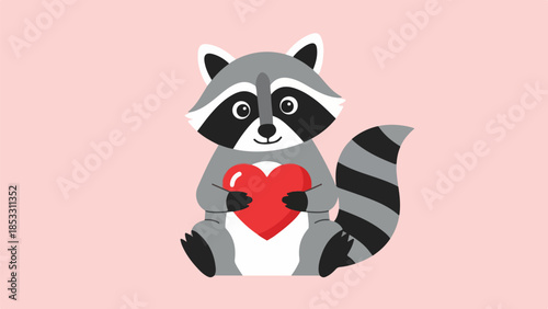Cartoon raccoon holding a red heart on a pink background