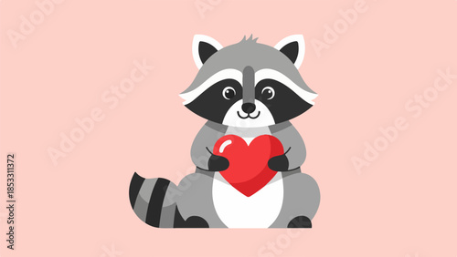 Digital illustration of a raccoon holding a red heart on a pink background