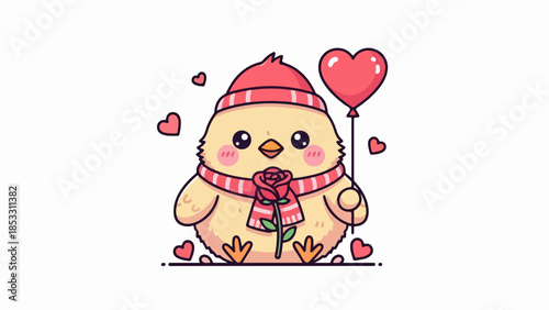 Cheerful cartoon chick with red rose and heart balloon in winter setting