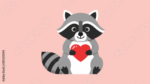 Flat-style illustration of a raccoon holding a red heart on a light pink background