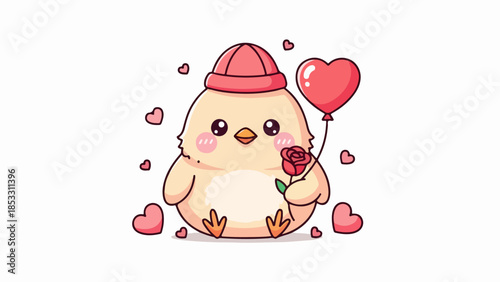 Cheerful cartoon chick with red hat holding a rose and heart-shaped balloon surrounded by pink hearts