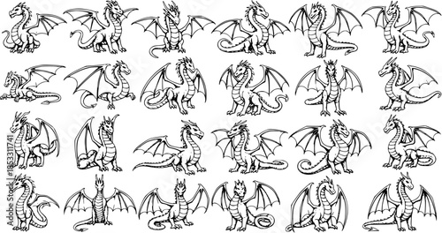 Black and White Line Art Dragon Vector Illustration Set. Collection of Mythical Fantasy Creatures, Legendary Beasts Outline Icons for Gaming, Children's Books, and Decoration Projects.