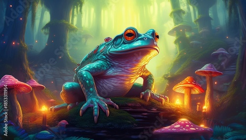 giant frog on a mushroom throne in a mystical forest filled with enchanting sights
