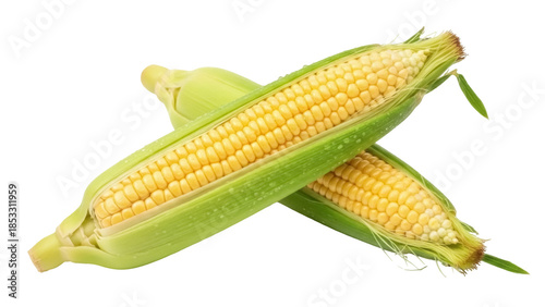 Φωτογραφία Two fresh corn cobs PNG isolated on transparent background, sweet yellow corn wi