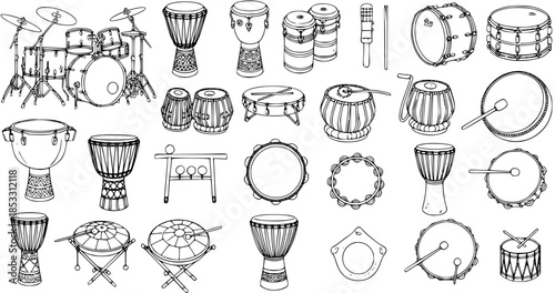 Hand-Drawn Black  White Line Art Vector Set of Percussion Musical Instruments: Drums, Drum Kits, Congas, Djembes, Tablas, and Tambourines. Global Culture and Music Collection Outline Illustration.