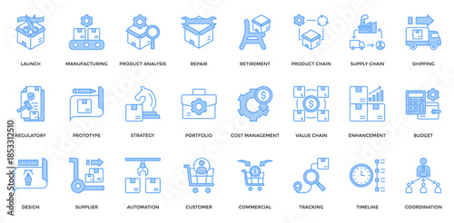Product Life Cycle Management icon set. Containing launch, manufacturing, product analysis, repair, cost management, customer, supply chain icon. Lineal blue style