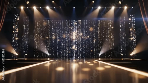 Empty fashion runway with dazzling light curtain and spotlights elegant stage ready for show