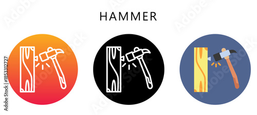 Hammer Multi Style Icon, Flat, Line, Glyph, Lineal, Dual Tone. Relate To Carpentry, Wood Industry. Use For Modern Concept, Ui, Ux Web And App Development.