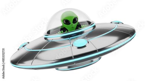 Cuadro en lienzo Green alien in a flying saucer PNG isolated on transparent background, extraterr