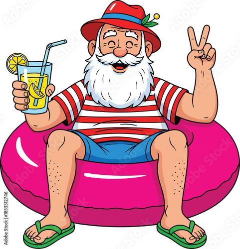 Happy cartoon Santa Claus on summer vacation relaxing in a pink floatie with a drink and flashing a peace sign.