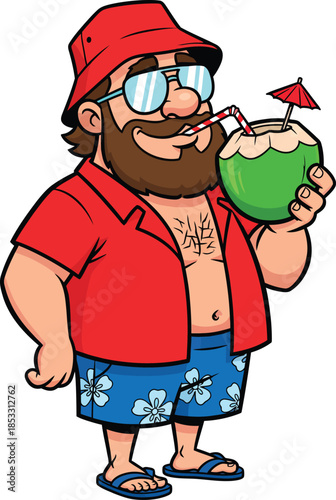 Happy bearded cartoon tourist in a red bucket hat and floral shorts drinking a tropical coconut cocktail.