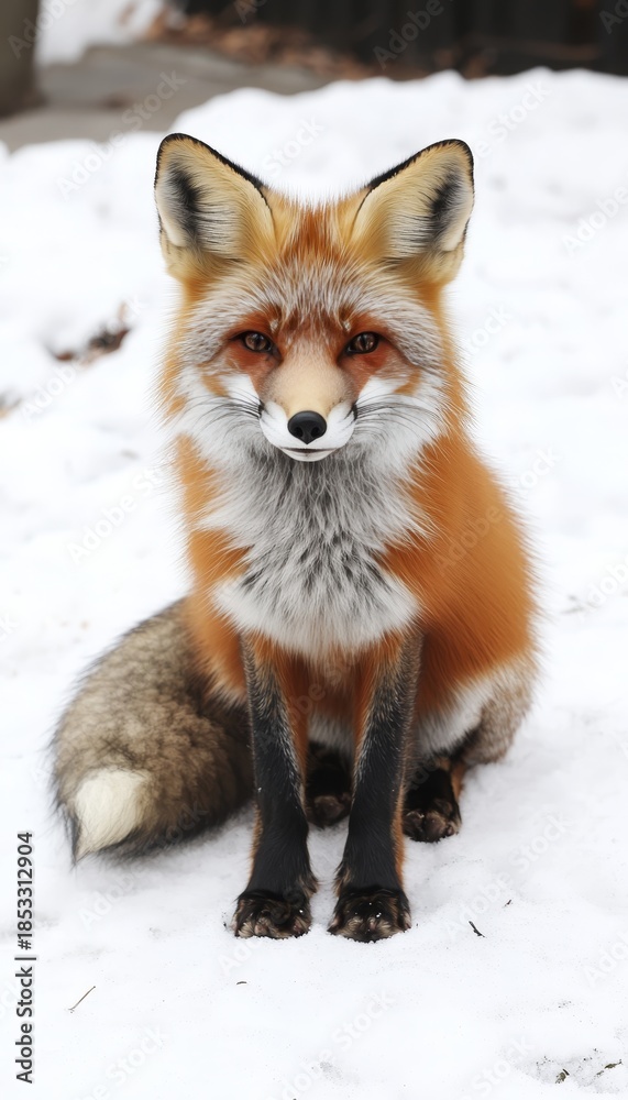 Fototapeta premium A Red Fox Standing Alert in the Winter Snow, Captivating Eyes Meeting the Viewer, Fur Glimmering