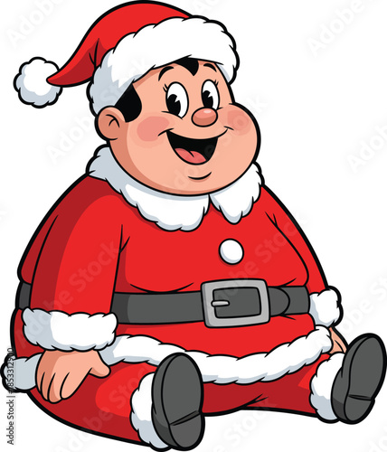 Smiling chubby cartoon Santa Claus with black hair sitting in a red suit.
