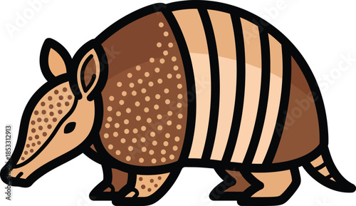 Stylized brown armadillo illustration with a distinctive spotted and striped shell shown in a side profile view.