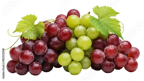 Canvas-taulu Fresh red and green grapes with leaves isolated PNG, healthy fruit for snacks an