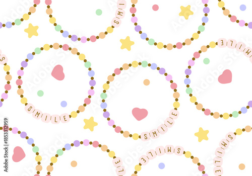 Seamless pattern with Kids jewelry. Plastic beads decorating handmade fashioned elements 90s style jewelry. friendship bracelets and letter beads