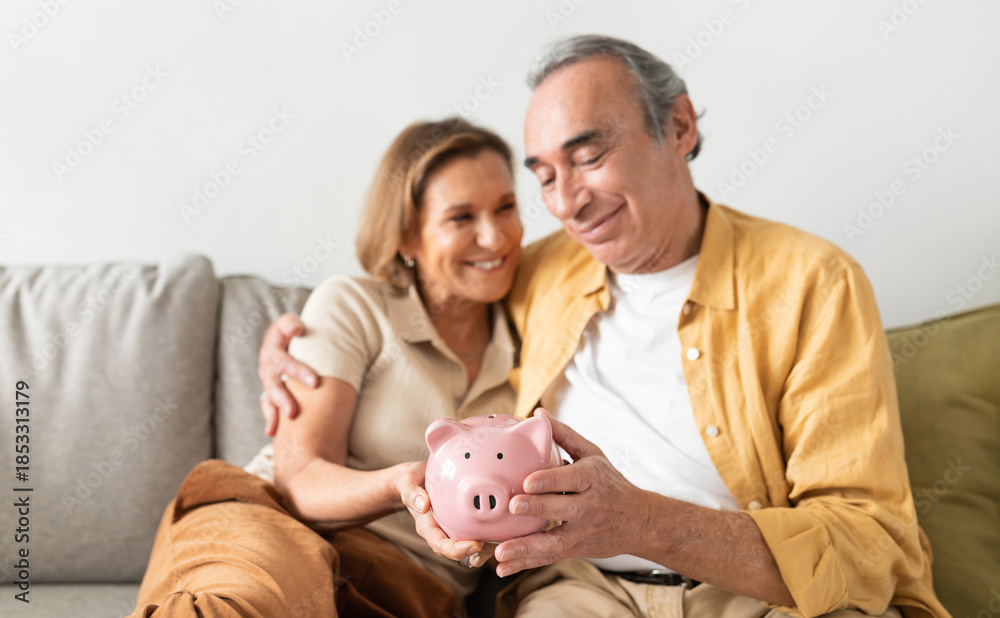 Αυτοκόλλητο Happy european senior couple holding pink piggybank in hands and embracing, sitting on sofa in living room interior, free space