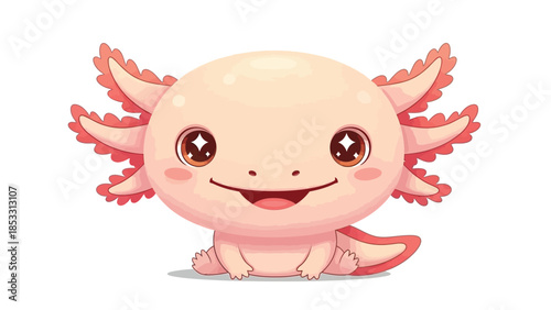 A cheerful cartoon axolotl with pink gills and a wide smile sitting on a white background with a playful and cute mood.
