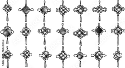 Black and white line art vector of Chinese knot ornaments, a symbol of good luck and prosperity, ideal for cultural and decorative themes.