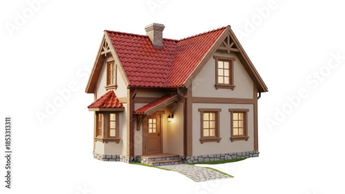 Tableau sur toile Charming cartoon house isolated PNG on transparent background, cozy home with re