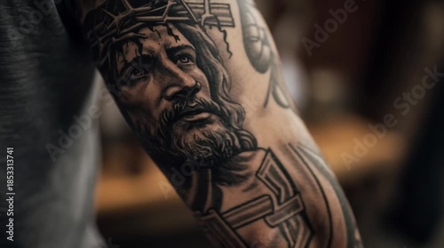 Closeup of a detailed black and grey jesus christ tattoo on an arm