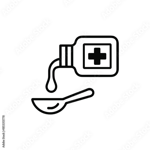 liquid medicine bottle pouring into spoon medical health icon vector